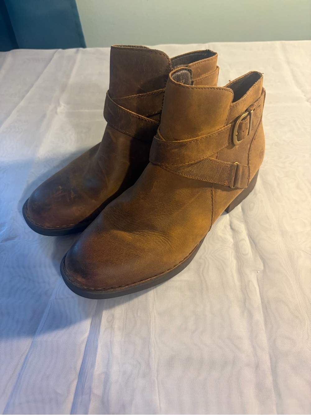 Born Tan Leather Ankle Booties with Buckle Strap